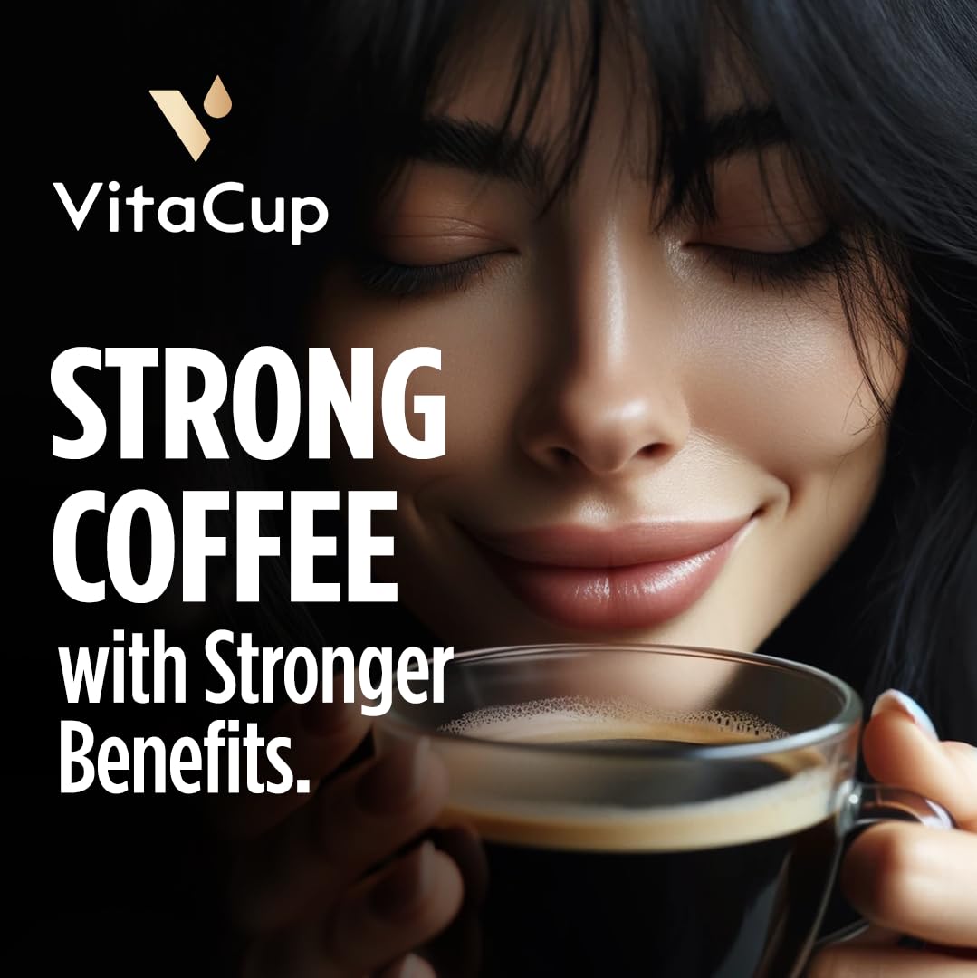 VitaCup Extra Shot Strong Coffee Pods, Bold & Intense Dark Roast w/Espresso Shot, High Caffeine, Vitamin B12, Antioxidants, Recyclable Single Serve Pod Compatible with Keurig K-Cup Brewers, 32ct