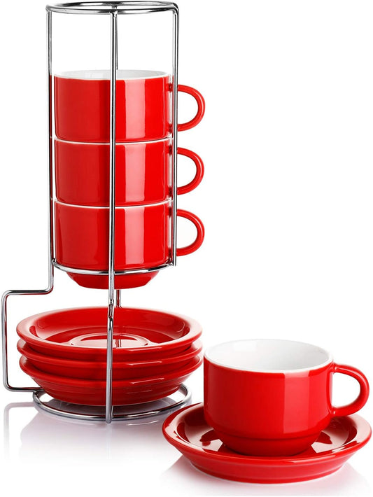 Sweese 2.5 Ounce Porcelain Stackable Espresso Cups with Saucers and Metal Stand Set of 4, Red