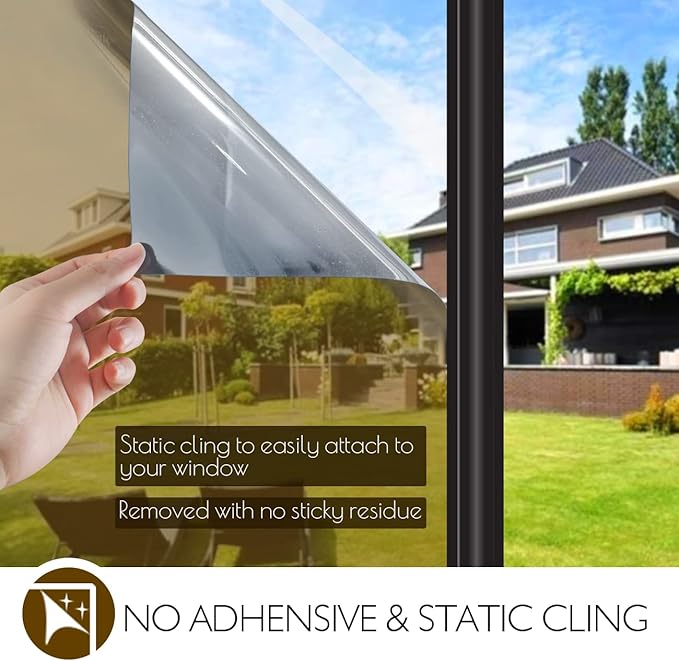 HIDBEA One Way Privacy Window Film, Daytime Mirror Reflective Heat Control UV Sun Blocking Non-Adhesive Static Cling Window Tint for Home and Office (Brown-Silver, 29.5 Inch x 6.5 Feet)