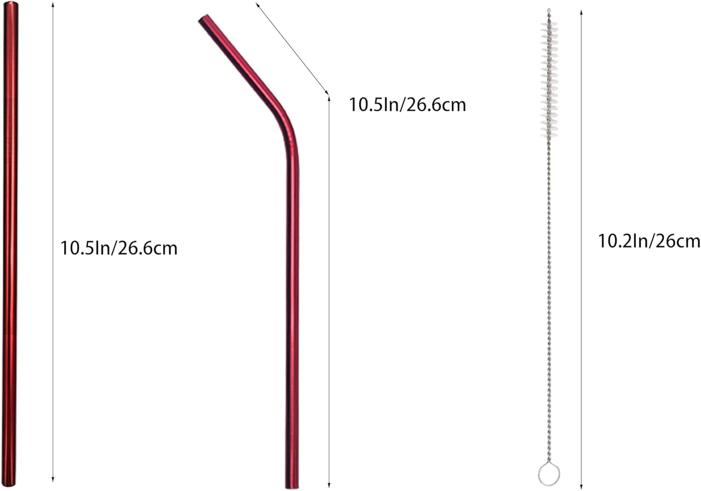 10 Pcs Stainless Steel Straws, Reusable Drinking Straws, 5 Straight + 5 Bent Metal Straws Set With 2 Pcs Cleaning Brushes (Red, 10.5 Inch)