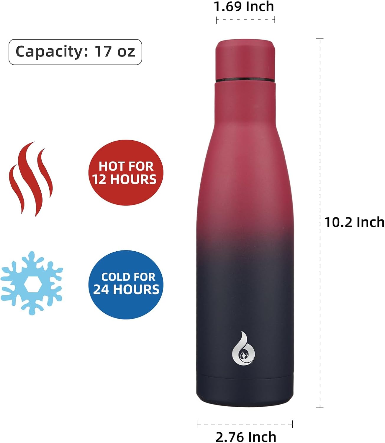 BJPKPK Insulated Water Bottle 17oz Stainless Steel Water Bottles Diashwasher Safe Reusable Metal Thermos Keep Cold and Hot,Charming Black Red