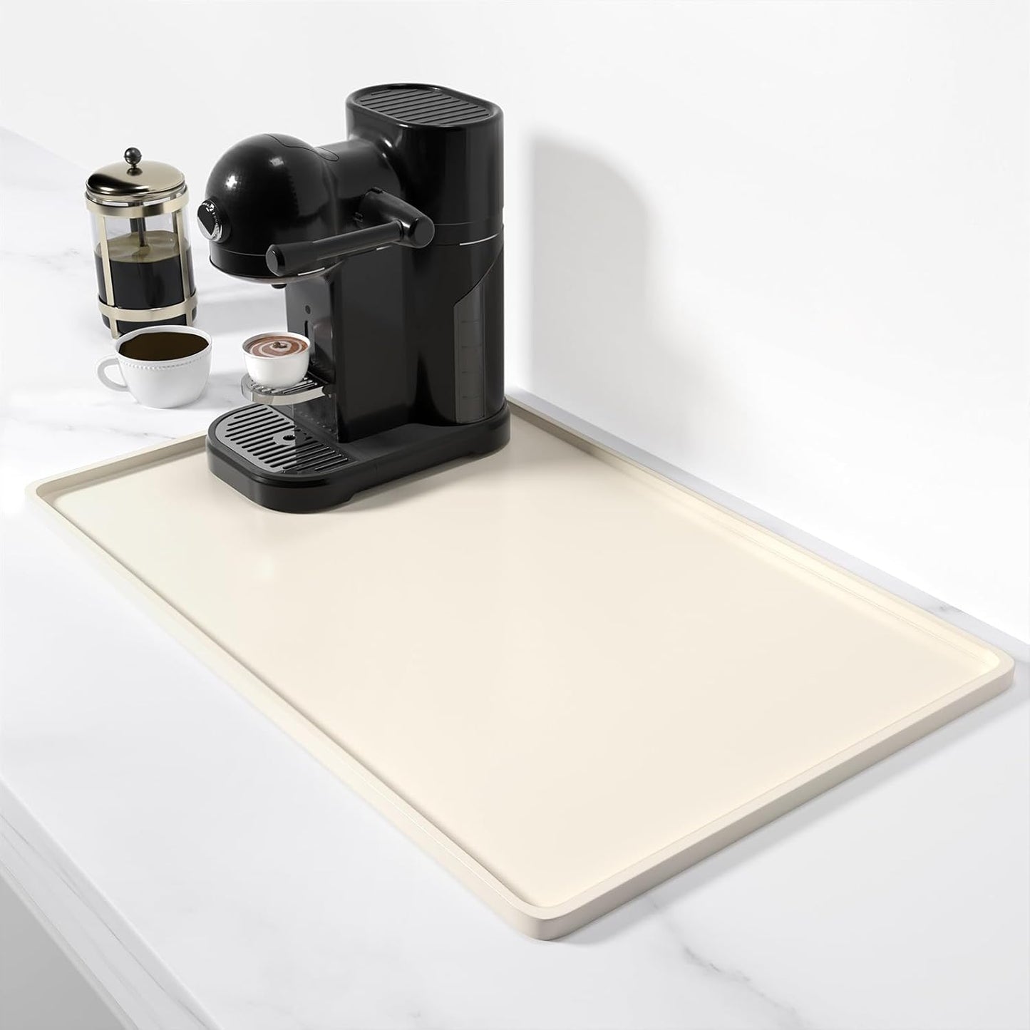 Rnivvi Silicone Coffee Mat, 12" x 19" Waterproof Raised Edge Coffee Bar Mats for Espresso Machine Station Accessories, Heat Resistant Dish Drying Pad for Kitchen Counter, Rubber Bar Decor Pad, Beige