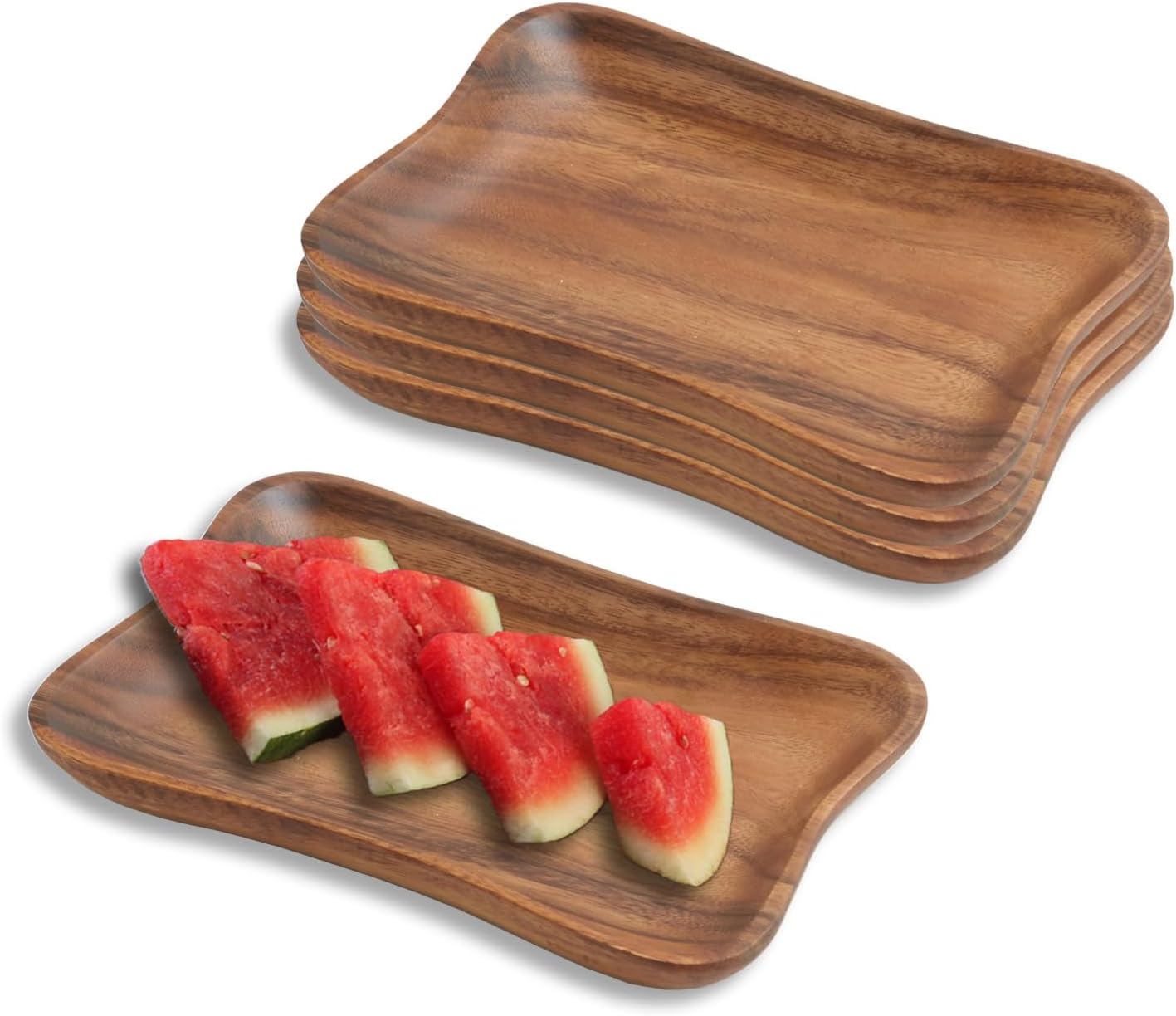 Woodard & Charles Set of 4 Acacia Wood Pinched Tray for Charcutreie, Sushi, Dessert, Sandwiches and More, 9.5" x 6" x 0.75"