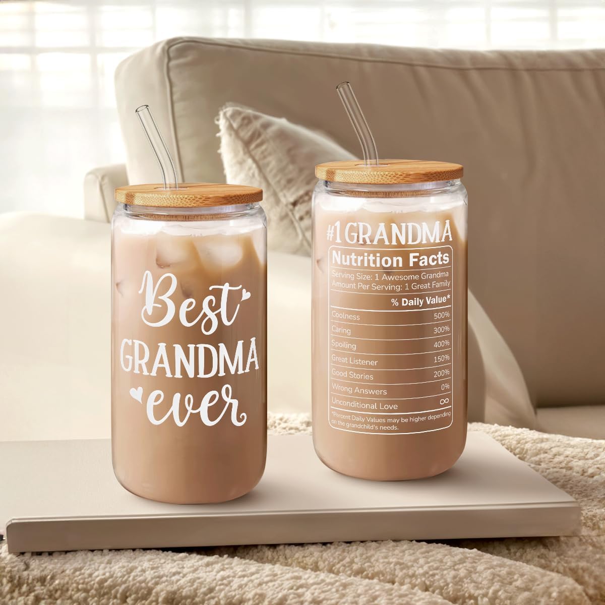 Grandma 16 Oz Can Glass Tumbler with Bamboo Lid and Straw - Iced Coffee Cups for Women, Aesthetic Glass Cup Gift for Grandmother Nana Birthday Christmas Mother's Day