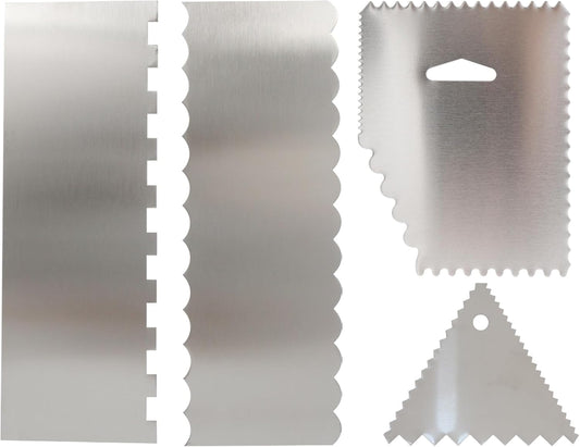 4 PCS Cake Scraper, Stainless Cake Smoother, Icing Smoother, Side Pattern Edge Stripes with Smooth Edges for Pastry Cutting and Mousse Cream Cake Decoration