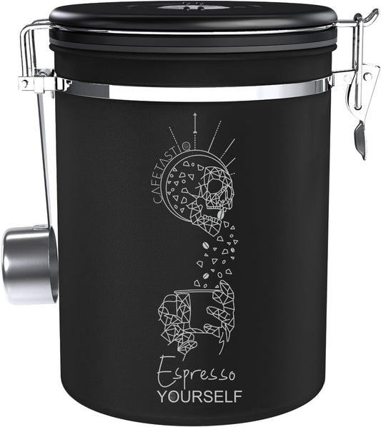 Coffee Canister – Airtight Stainless Steel Storage Container with Date Tracker & Scoop, Sealed Jar for Grounds, Beans, Tea, Flour, Cereal, and Sugar (Black Esspresso, 22OZ)
