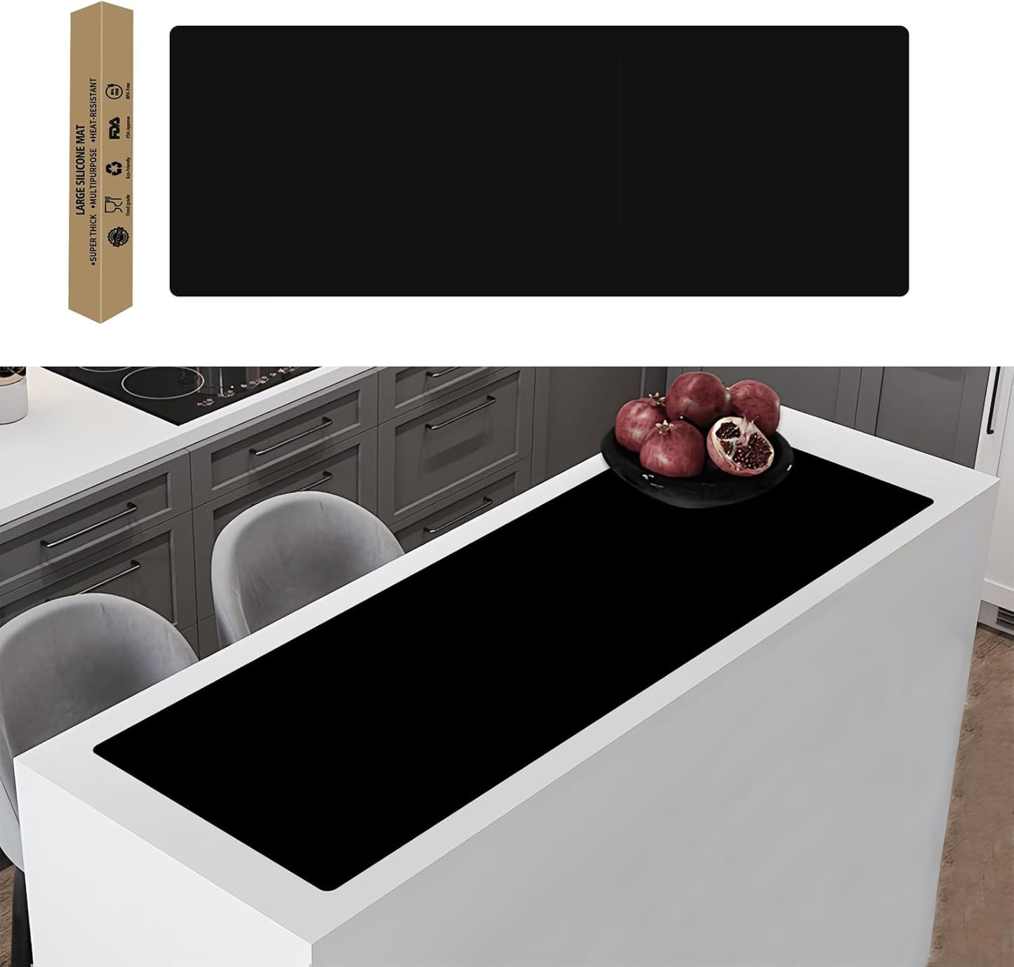 49.2"x15.7"(125cmx40cm) Large Silicone Mats for Kitchen Counter, Non-Slip Placemats, Heat Resistant Countertop Protector, Waterproof Craft Mat, Black