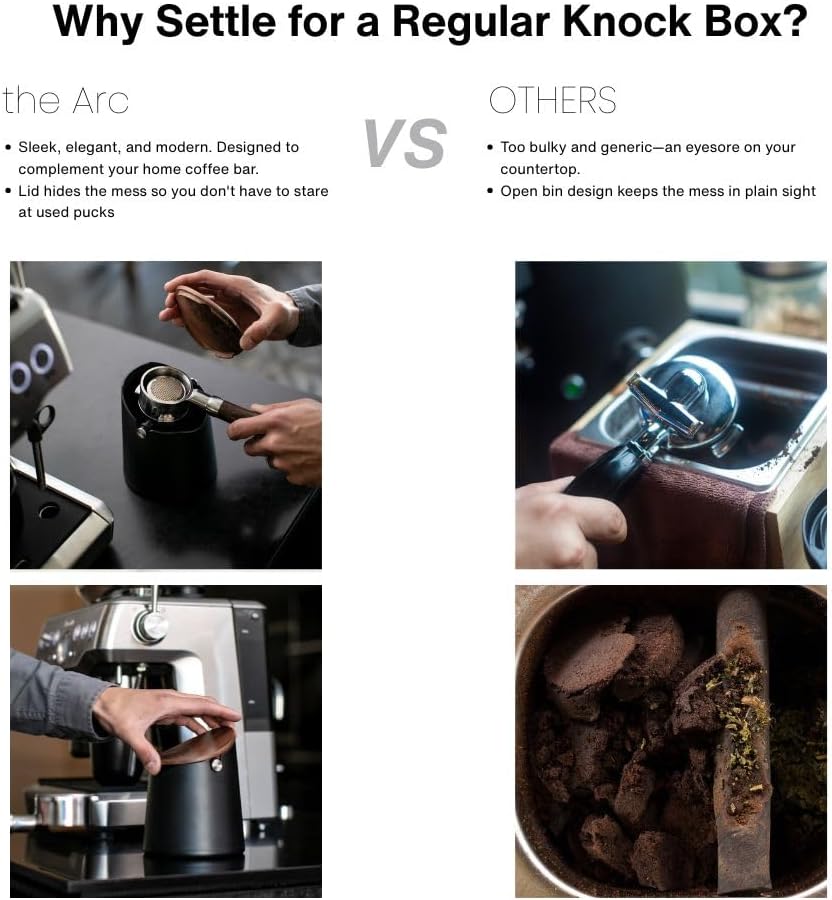 Crema Coffee Products Arc Knock Box | Holds 12–16 EspressoPucks|Durable,Stain-ResistantBuild withNon-Slip Base|Elegant WalnutPlastic Lid Design| EasyClean-Up &Moisture Control|BlackPlasticLid Finish