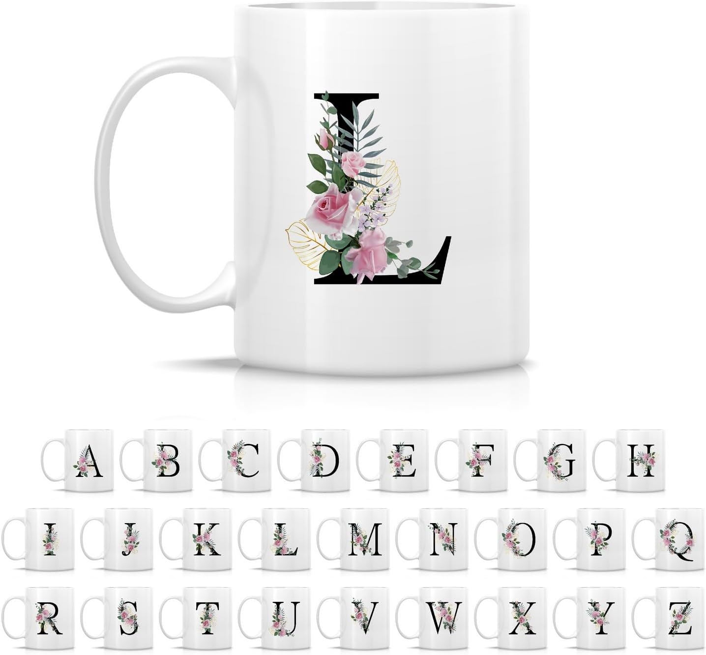 Retreez Initial A-Z Floral Botanical Bouquet Alphabet Monogrammed Monogram Mug 11 Oz Ceramic Tea Coffee Mugs - Appreciation Thank You Wedding Birthday Gifts for her friend coworker sister - L Initial