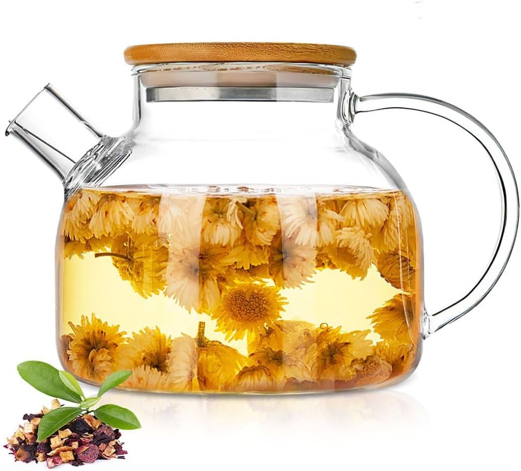 Glass Teapot 34oz/1000ml, Stovetop & Microwave Safe Borosilicate Tea Pot,Clear Teapot with Strainer, Glass Tea Kettle with Wooden Lid for Loose Leaf、Fruit Tea and Fragrant Tea