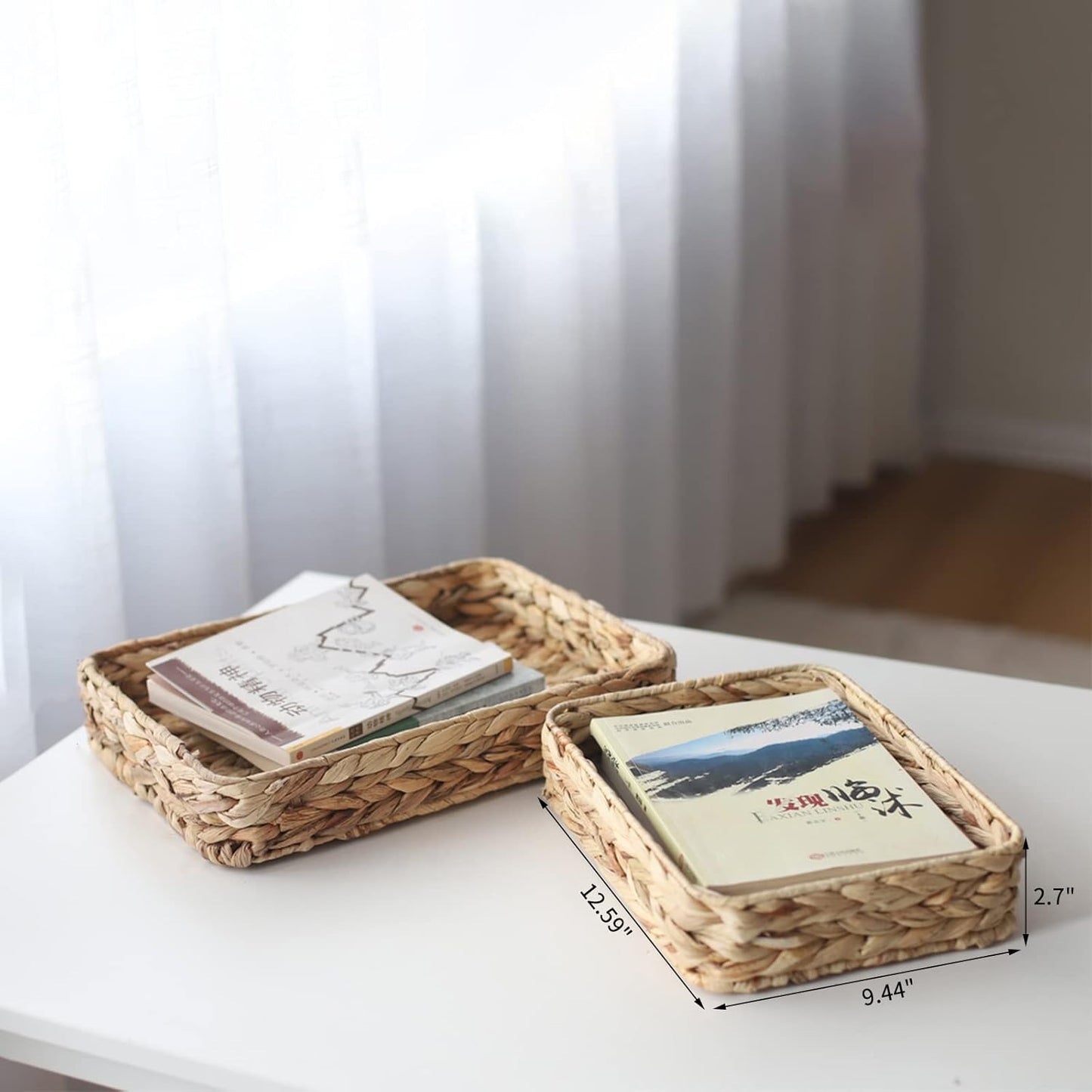 Water Hyacinth Woven Serving Tray Rectangular Hand-Woven Wicker Storage Trays for Coffee/Breakfast/Dessert/Fruit/Bread (Original Color - Small)