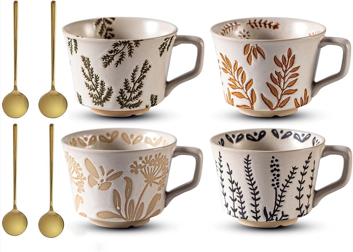 Ceramic Mug Set of 4 with Coffee Spoon, 11oz - Vintage Coffee Mug Cups for Coffee Milk Latte Cappuccino Tea, Porcelain Coffee Cups Dishwasher Microwave Freezer Safe Stoneware
