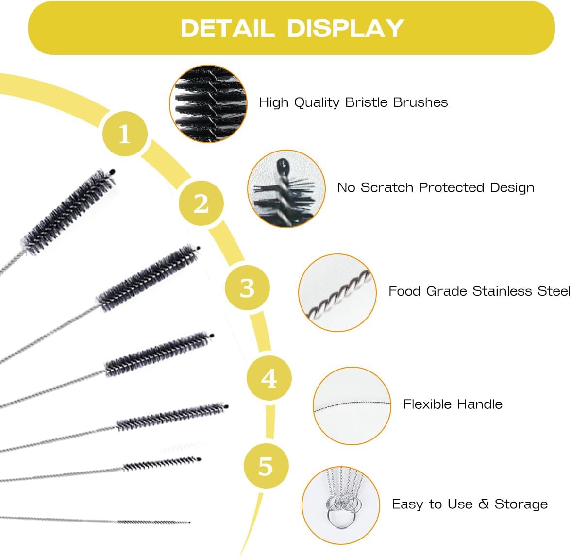 Straw Cleaner Brush Set,6 Piece Long Drinking Straws Cleaning Brush Pipe Tube Tiny Brushes 10-inch,Black