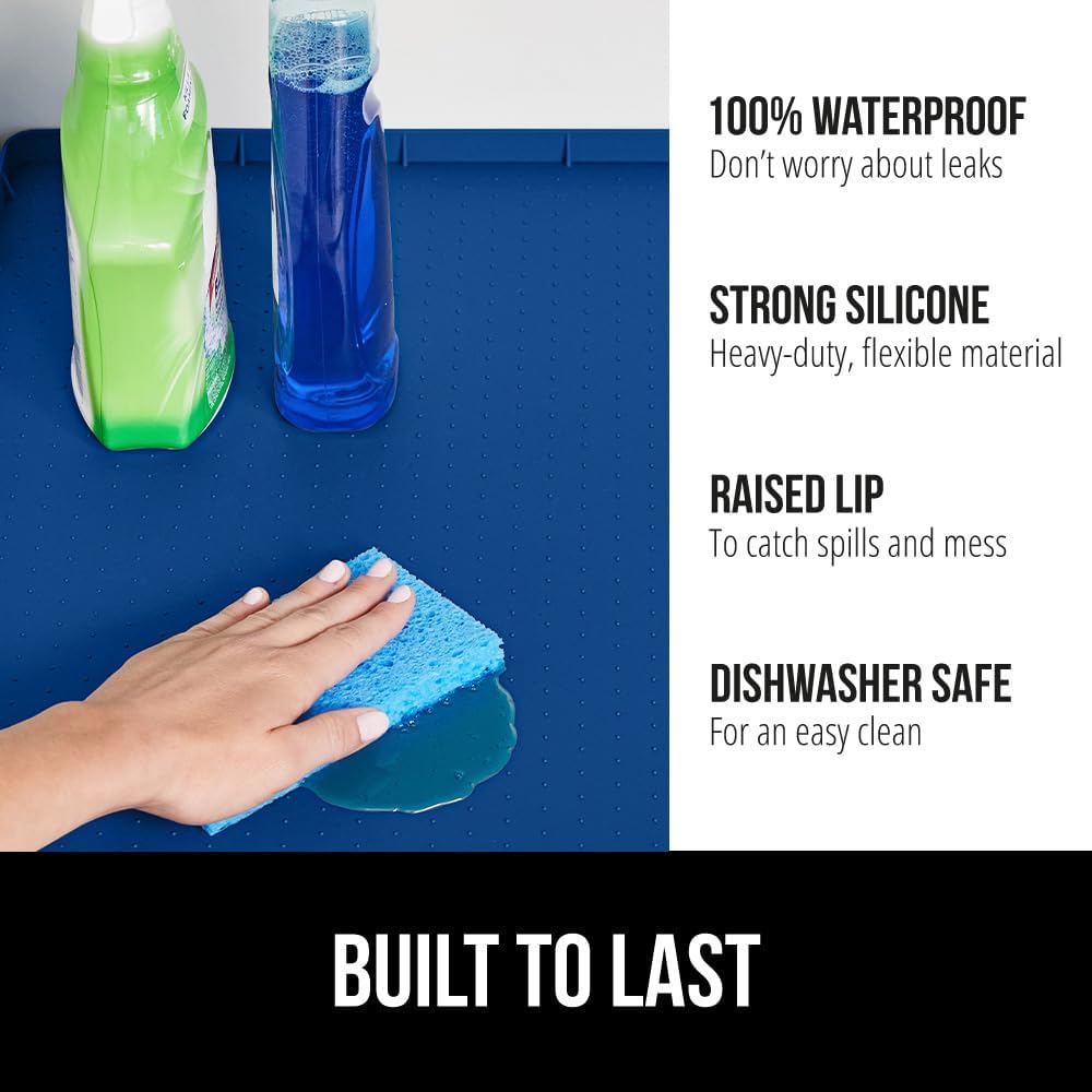 GORILLA GRIP Waterproof Silicone Under Sink Mat with Raised Lip for Kitchen and Bathroom, Cabinet Shelf Liner Stay in Place Mats Dishwasher Safe Drawer Liner, Organizer Tray, 19 x 22 in, Blue