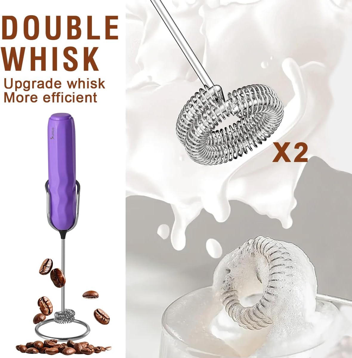 SUPRUS Ultra Fast Handheld Milk Frother Double Whisk with Stand 2 Batteries Stainless Steel for Lattes Cappuccino Matcha Hot Chocolate Coffee Bar Accessories Kitchen Gadgets Gift