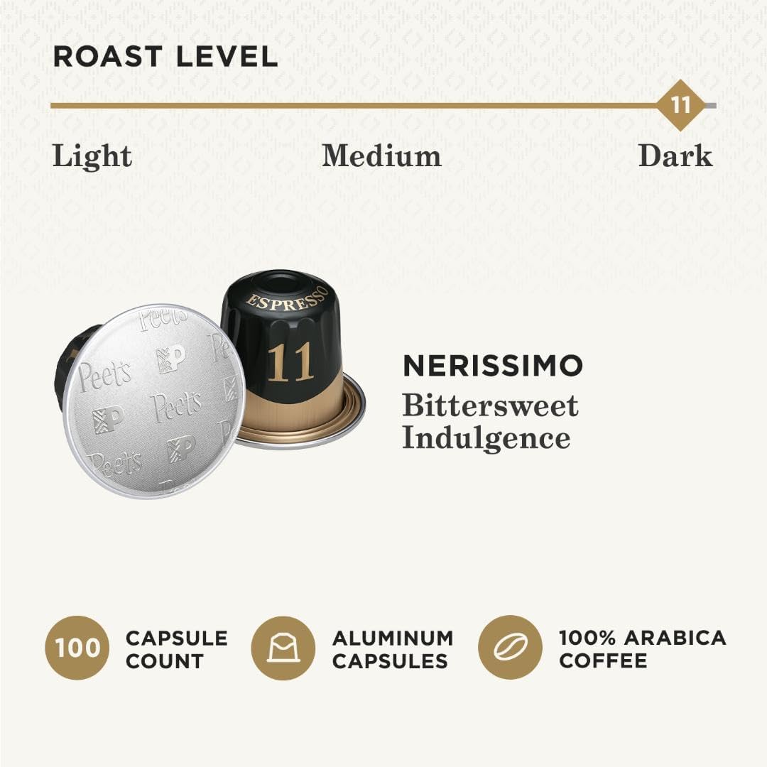 Peet's Coffee, Dark Roast Espresso Capsules, Compatible with Nespresso Original Machine - Nerissimo Intensity 11, 100 Count (10 Boxes of 10 Espresso Capsules)