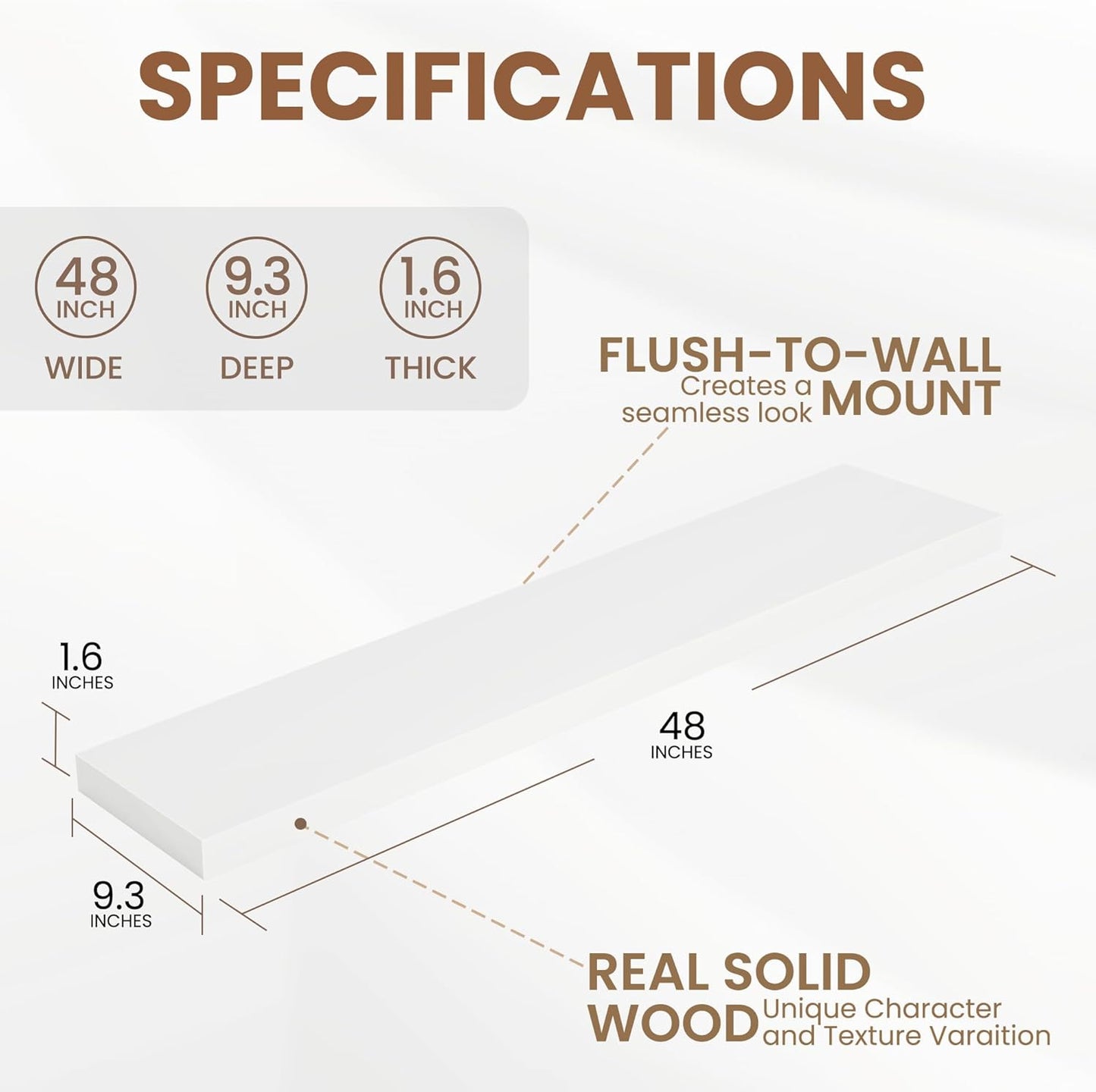 Fun Memories White Floating Shelves 48 InchLong, 9 Inch Deep Floating Shelves, Solid Wood Shelves for Home Decor, Deep Storage & Display Shelves for Living Room, Bathroom, Kitchen, Set of 1