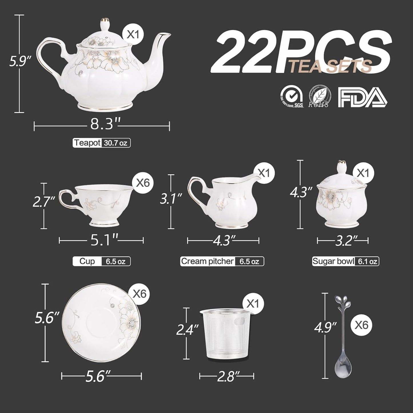 CHENP.HMC Tea Set 22-Piece Porcelain Ceramic Coffee Tea Gift Sets Cups Saucer Service for 6 Teapot Sugar Bowl Creamer Pitcher and Teaspoons (WHITE3)