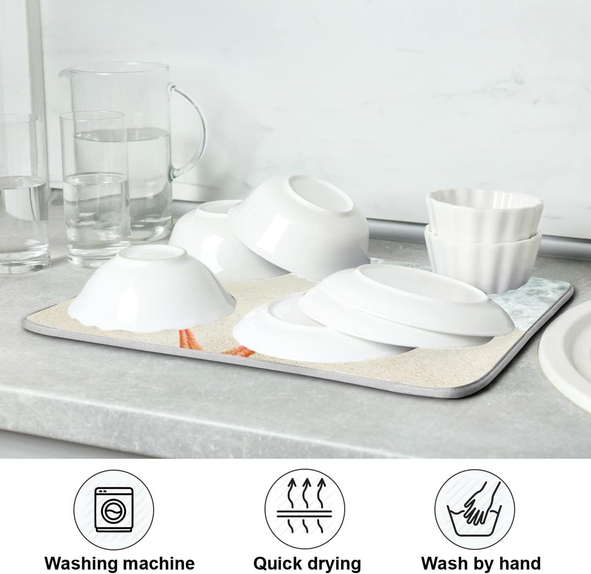 Summer Beach Dish Drying Mat 18 x 24 Inch Sea Wave Shells Starfish Drying Mat with High Absorbent Reversible Microfiber Kitchen Mat Dish Rack Pad Dish Drainer Mat for Kitchen Counter Coffee Bar