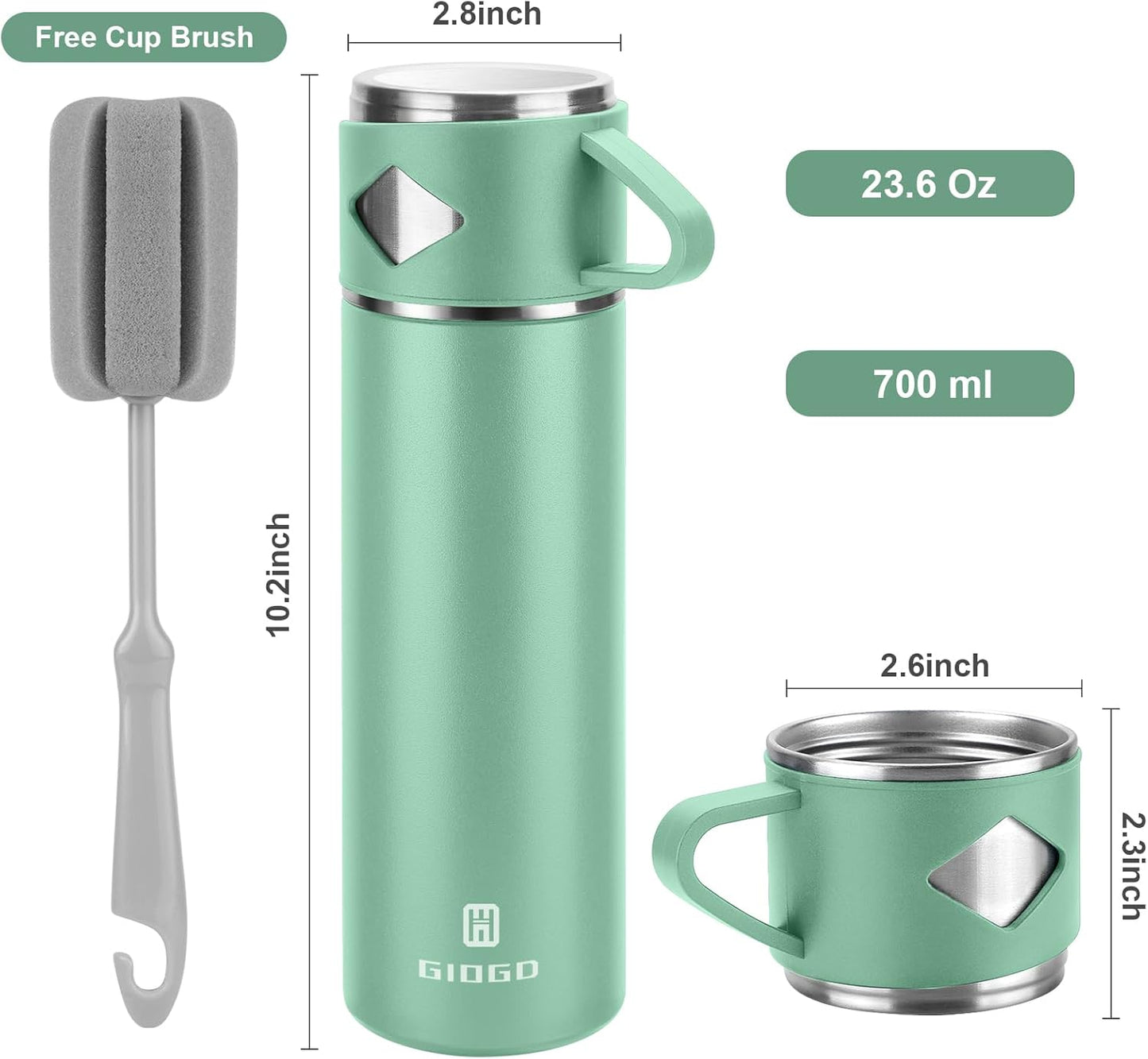 Stainless Steel Thermo 700ml/23.7oz Vacuum Insulated Bottle with Cup for Coffee Hot drink and Cold drink water flask.(Green,Set)