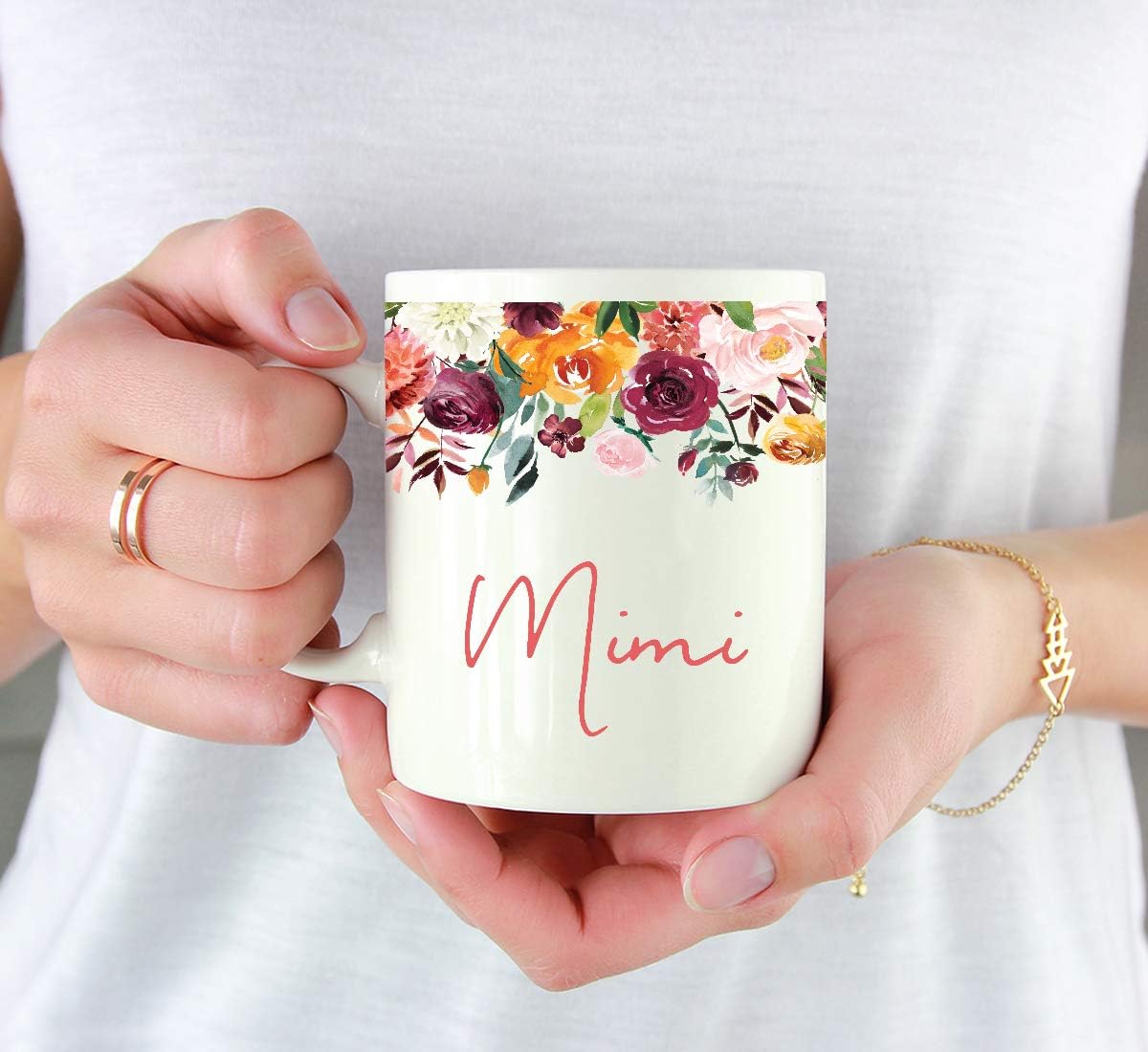 Andaz Press 11oz. Mother's Day Ceramic Coffee Tea Mug Gift, Fall Autumn Burgundy Orange Peach Flowers Roses Florals, Mimi, 1-Pack, Includes Gift Box, Birthday Christmas Gift Ideas