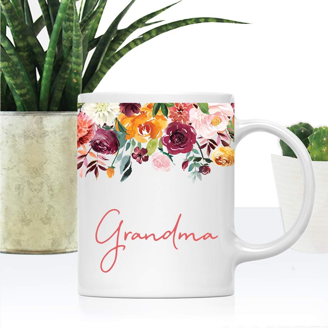 Andaz Press 11oz. Mother's Day Ceramic Coffee Tea Mug Gift, Fall Autumn Burgundy Orange Peach Flowers Roses Florals, Grandma, 1-Pack