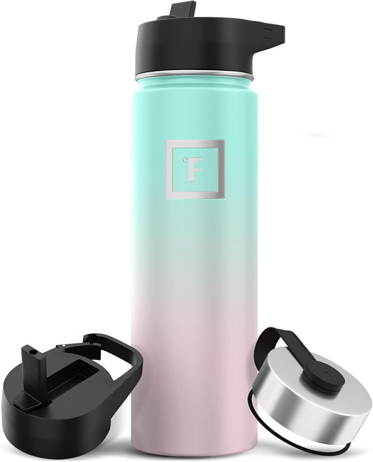 IRON °FLASK Camping & Hiking Hydration Flask with 3 Lids - Stainless Steel, Double Walled & Vacuum Insulated Water Bottle - Leak Proof & BPA Free (Bubble Gum, Straw - 22 oz)