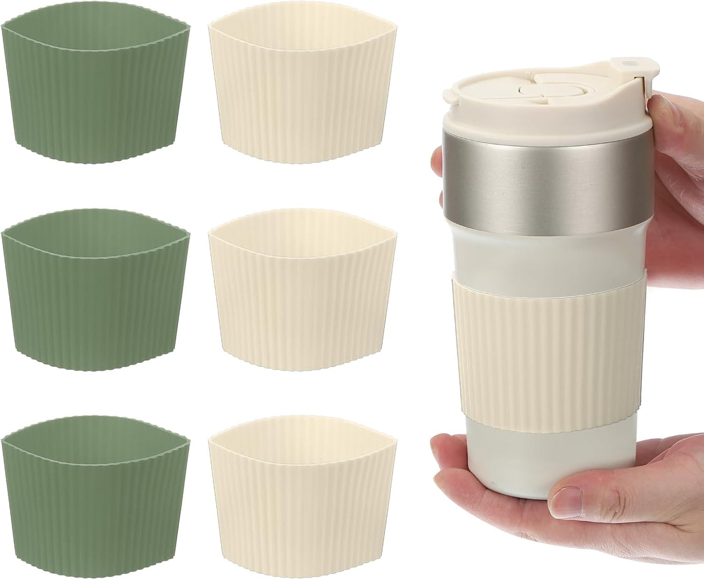 uxcell 6Pack Coffee Cup Sleeves, Reusable Silicone Heat Resistant Cup Protective Sleeve Nonslip Mug Protector Cover for Home Travel Coffee Mug Glasses Water Bottle Boots, Green/White