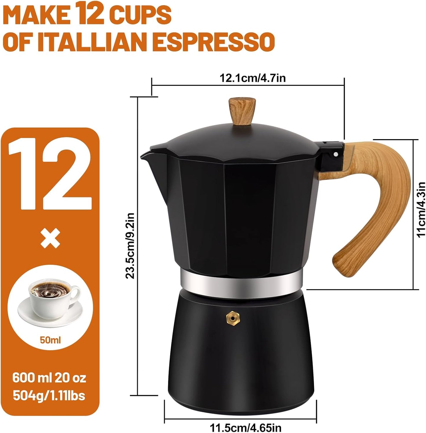 12 Cup Aluminum Espresso Stovetop Moka Pot Express Coffee Maker Percolator Italian Classic Mocha Coffee Machine for Italian and Cuban Cafe Brewing for Home & Camping 600ml 20oz