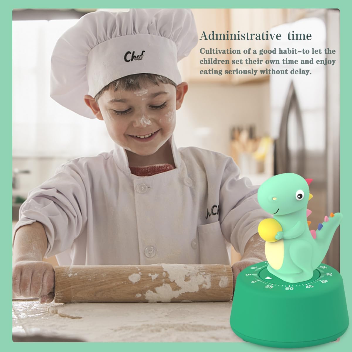 60 Minutes Mechanical Kitchen Timer,Cute Dinosaur Timer for Kids,Wind Up Egg Timer for Cooking,Reading,Classroom and Do Sports. (Light Green)