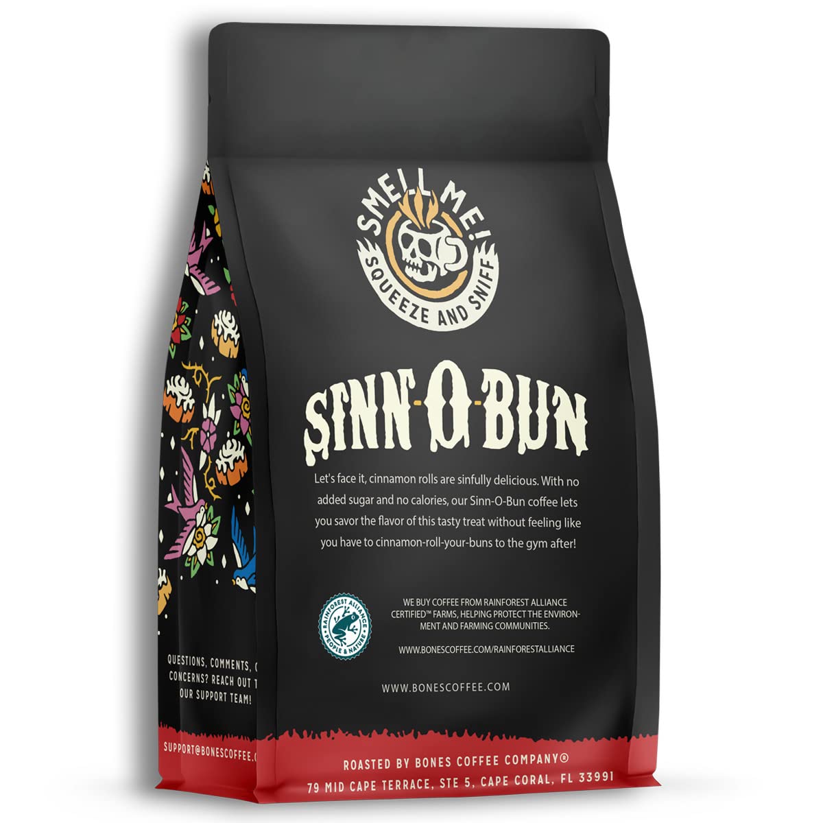 Bones Coffee Company Cinnamon Roll Flavored Coffee, Medium Roast Low Acid Arabica Beans Compatible with Auto drip and French Press Coffee Maker, 12 Oz Whole Bean