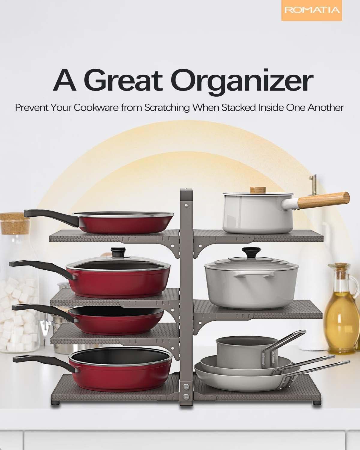 Pot and Pan Organizer Rack for under Cabinet, Heavy Duty Pot Pan Rack under Sink Organizers and Storage, Pot lid organizer, Kitchen Cabinet Organizer with 7 Adjustable Shelves