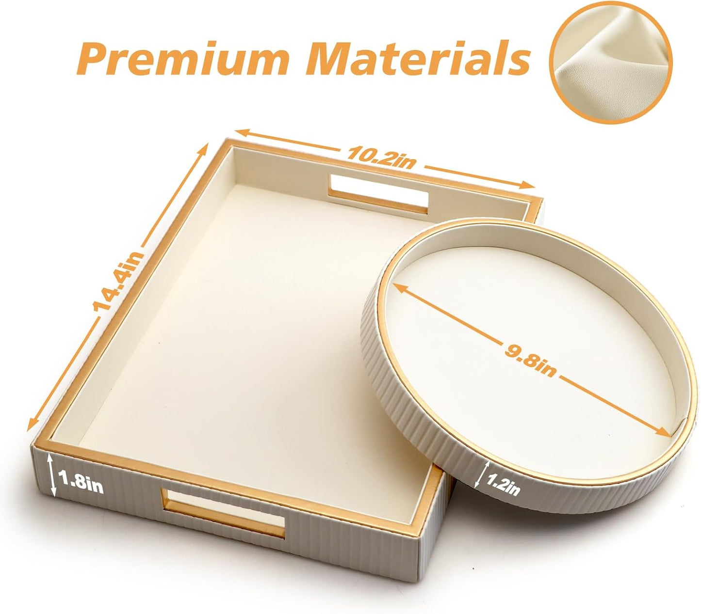 SANZIE Leather Tray Desktop Storage Organizer Premium Serving Tray Decorative Tray Valet Tray for Sundries Cosmetics Phone Wallet Cutlery, Circle + Rectangular, White