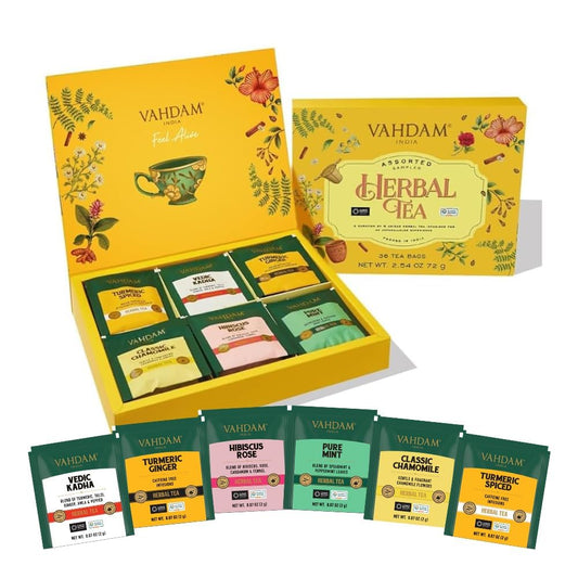 VAHDAM, Assorted Herbal Tea Variety Pack (6 Variants, 36 Tea Bags) Caffeine Free, Gluten Free, Non GMO | Eco Friendly Long Leaf Pyramid Tea Bags I Tea Gift Sets for Men and Women