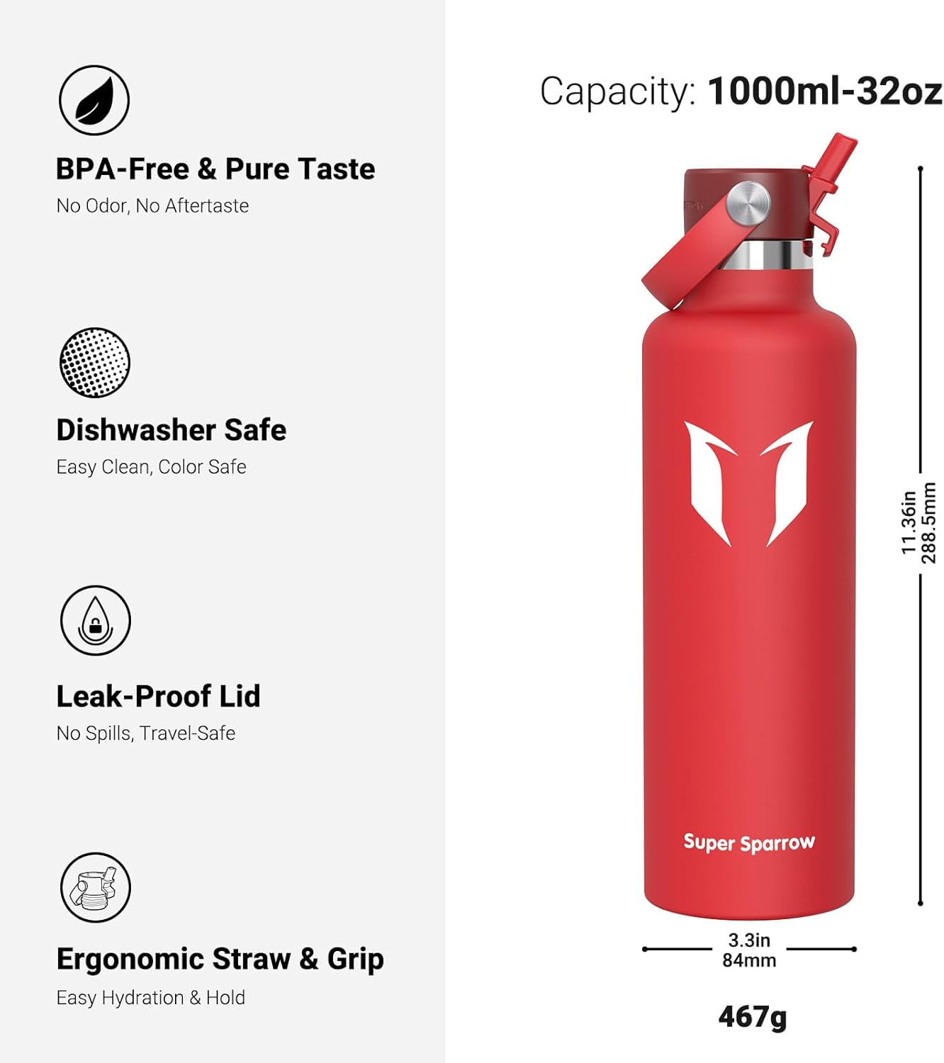 Super Sparrow Insulated Water Bottle - 17 Oz / 25 Oz / 32 Oz - Standard Mouth FlipFlow Flask - BPA Free, Leak Proof Drink Bottle- Ergonomic Straw Water Bottles for Work, Gym, Travel, Sports