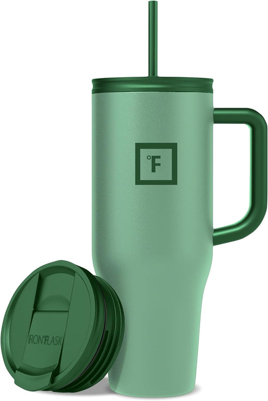 IRON °FLASK Co-Pilot Insulated Mug w/Straw & Flip Cap Lids - Cup Holder Bottle for Hot, Cold Drink - Leak-Proof - Water, Coffee Portable Travel Mug - Sage Grove, 40 Oz
