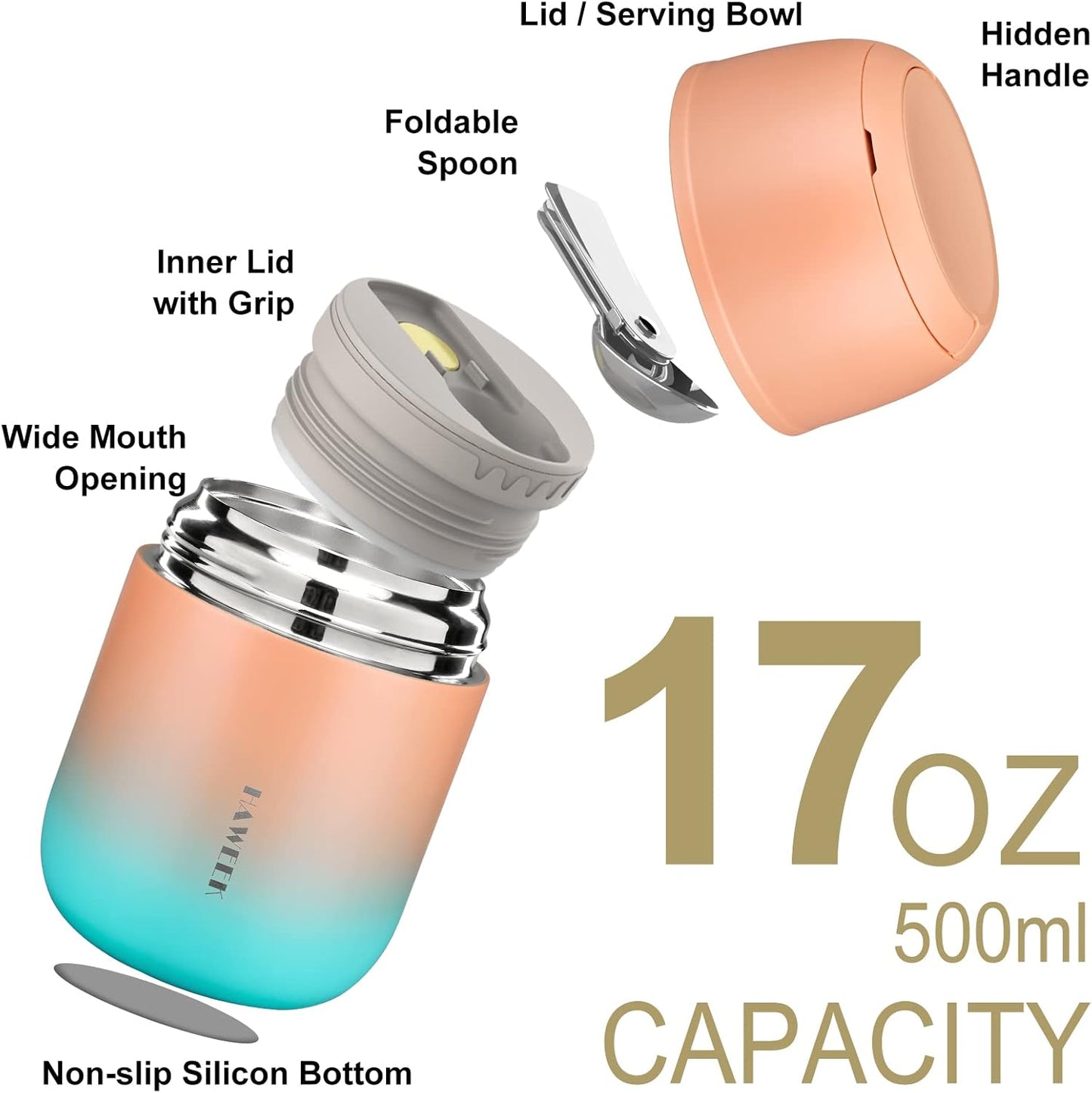 Insulated Food Container 17 oz Soup Thermo for Hot Food Adults, Stainless Steel Vacuum Lunch Box with Folding Spoon, Adult Kids Thermo Portable with Handle for School, Office, Outdoor