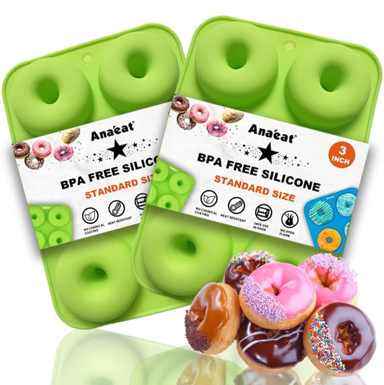 Anaeat 2 Pack Donut Pan Silicone Baking Mold, Just Pop Out! Non-Stick Doughnuts Baking Pans BPA Free for 6 Full-Size Donuts, Muffins, Cake Biscuit Bagels - Easy Clean, Oven, Dishwasher Safe (Green)