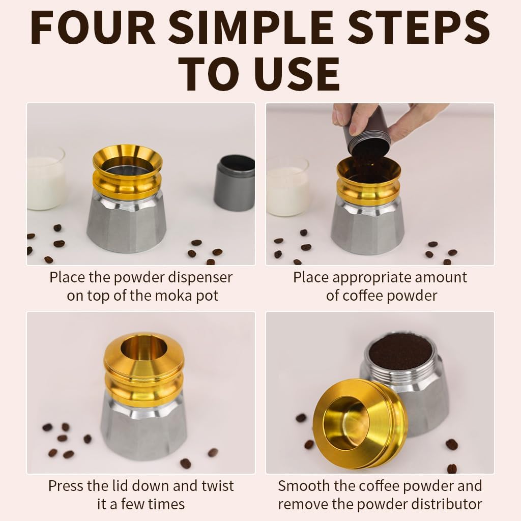 Coffee Tamper for Moka Pot, 304 Stainless Steel Espresso Coffee Tamper, Espresso Dosing Funnel Compatible with Aluminum Espresso stovetop Moka Pot (Gold)