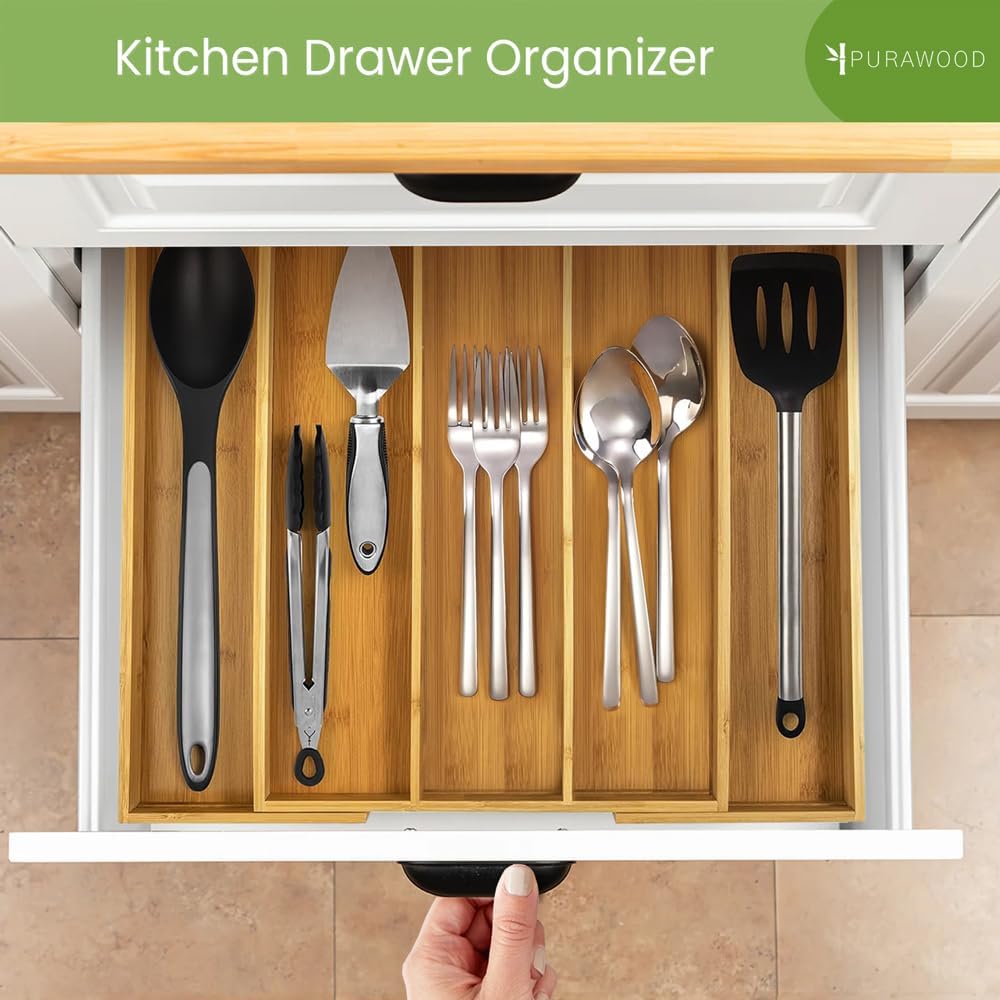 Purawood Kitchen Drawer Organizer, 2 Pack - Expandable Utensil Drawer Organizer for Kitchen, Cutlery Tray & Silverware Organizer, 3-5 Slots - Bamboo Organizer for Utensils & Flatware (Natural)