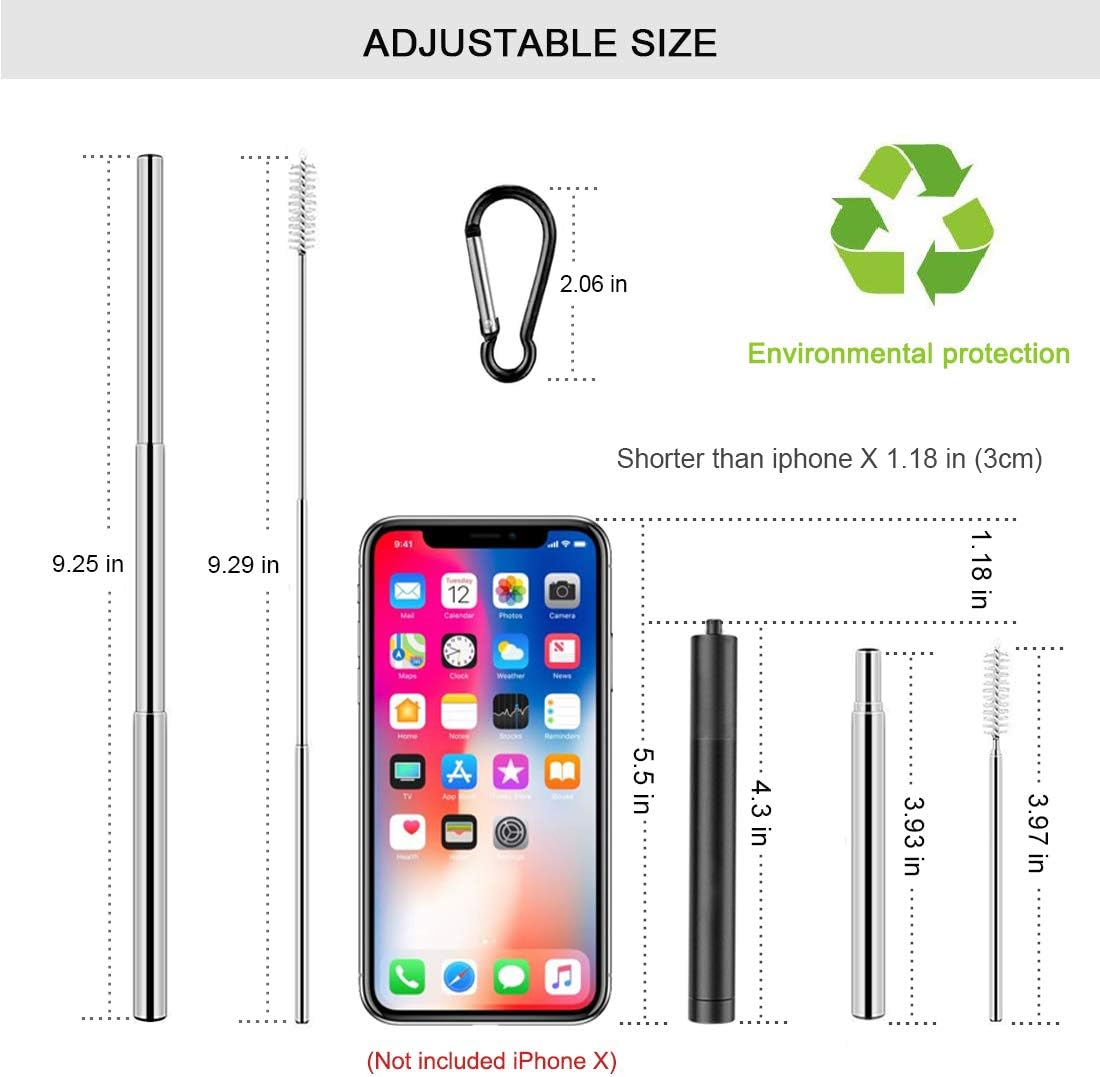 2 Pack Reusable Metal Straws Collapsible Stainless Steel Drinking Straw Travel Portable Telescopic Straw with Case for Cruise Ship Essentials Black/Rose Gold