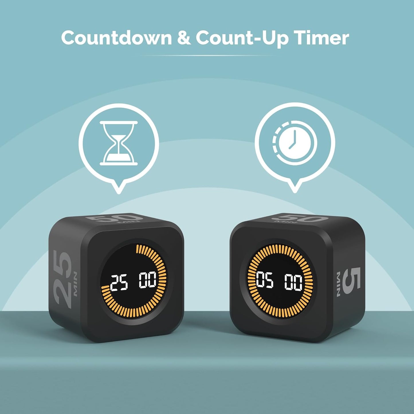 KADAMS Pomodoro Cube Timer Productivity Visual Timer - 5/10/25/50 Min Rotating Countdown, Customize Countup Silent Mode- for Work Study Cook Workout Kitchen Back to School Classroom (Black 2 Pack)