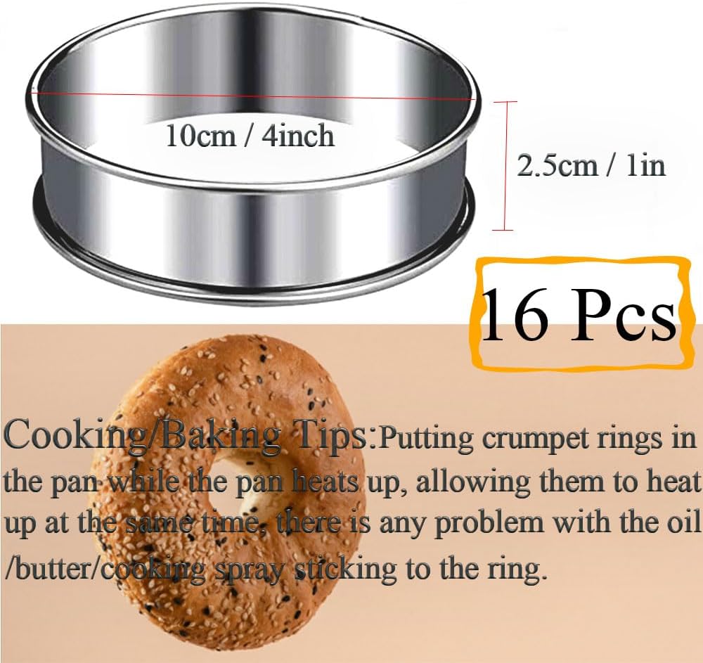 16packs English Muffin Rings Crumpet Rings 4 Inch Stainless Steel Double Rolled Tart Ring Nonstick Metal Round 4'' Ring Molds for Baking Cookies, Pancakesg