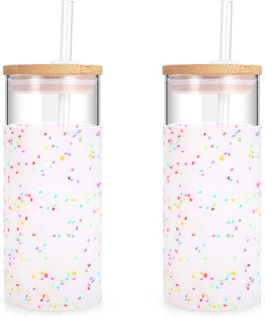 Tronco 20 oz Glass Tumbler Glass Water Bottle Straw Silicone Protective Sleeve Bamboo Lid - BPA Free (Colorful spots/ 2pack)