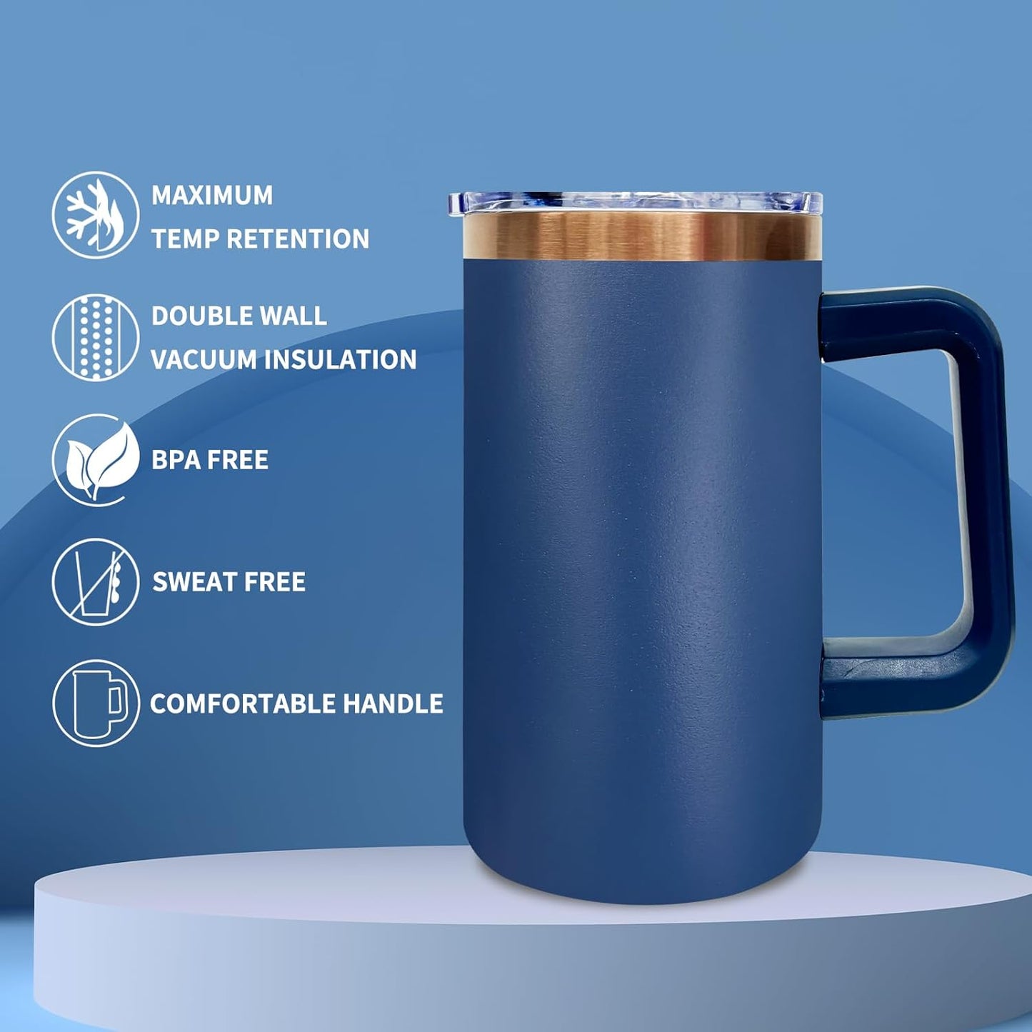 20 oz Insulated Coffee Mug with Lid, Stainless Steel Coffee Tumbler Bulk, Double Wall Vacuum Travel Mug with Handle, Leakproof Powder Coated Coffee Cups for Hot and Cold Drinks (Navy,1 pack)