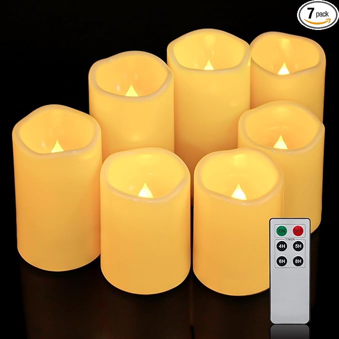 Aignis 7pcs Flameless LED Candles Battery Operated with Remote Timer, Outdoor Indoor Waterproof, Warm Glow for Cozy & Romantic Home/Wedding/Holiday Décor (D 3'' x H 4''/5''/6'')