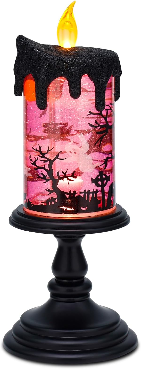 Halloween Snow Globe Candles Lighted Lamp, Lighted Flameless Candles with Water Glitter Swirls and Spooky Moving,Battery Operated