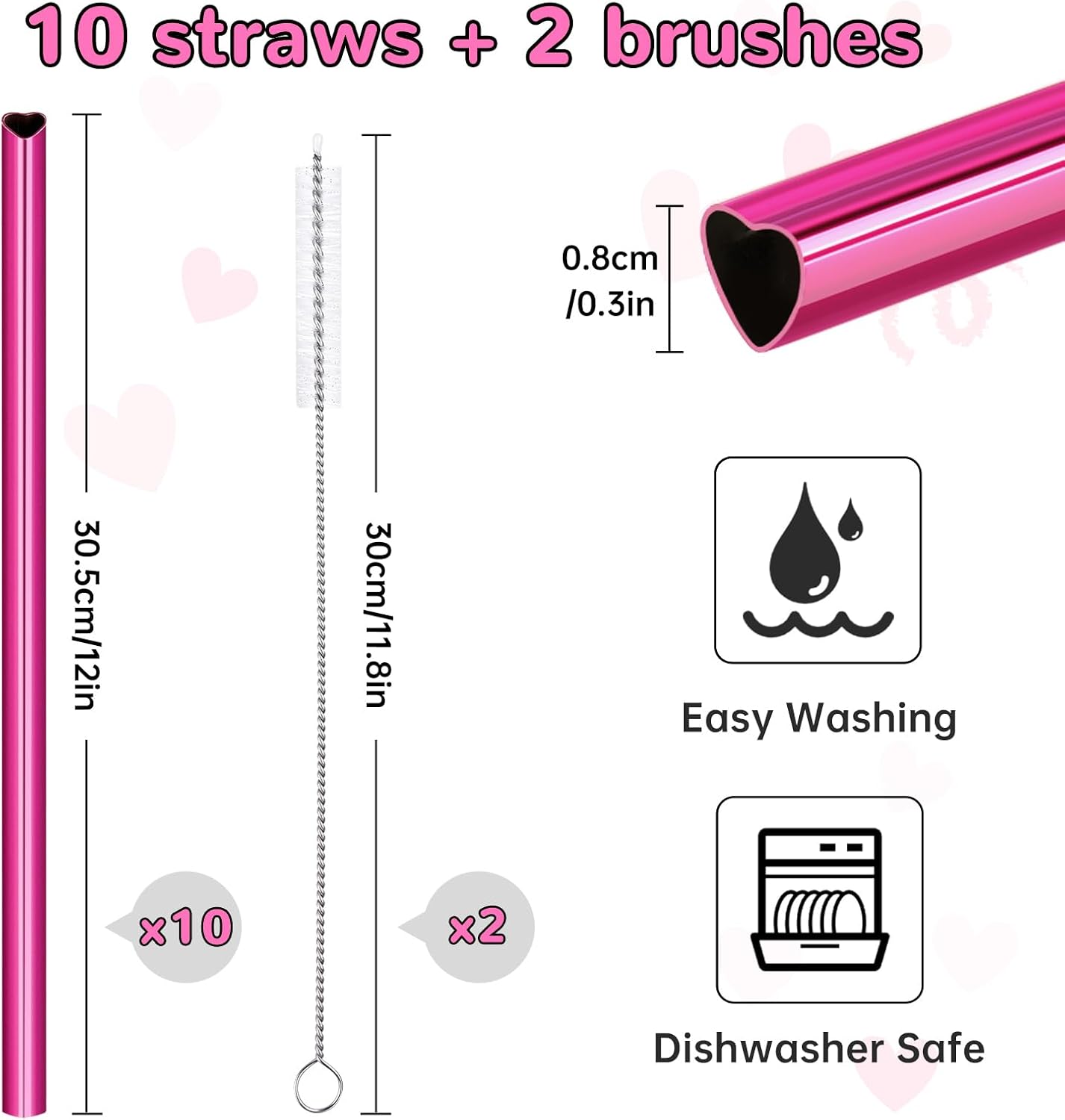 NiHome 10-Pack Heart-Shaped Stainless Steel Drinking Straws with 2 Cleaning Brushes, 12" Long Reusable Straws for Stanley Tumbler 30oz 40oz, Dishwasher Safe, Safe Edges for Kids (Pearl Hot Pink)