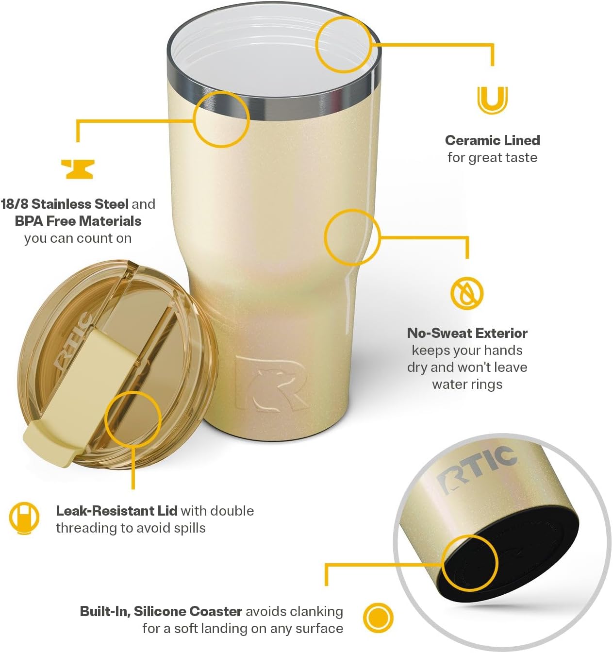 RTIC 30oz Essential Tumbler with Lid, Insulated, Stainless Steel, Metal, Double Wall Vacuum-Insulation, Ceramic Lined, Travel Cup for Iced Coffee, Tea, Hot and Cold Drink, Sunlight Glitter