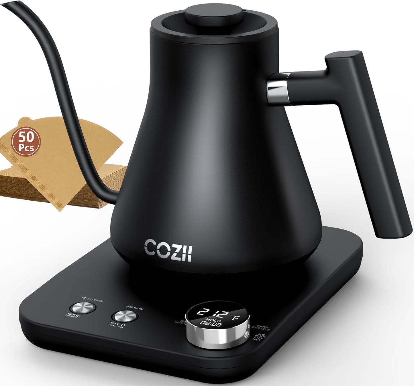 COZII Gooseneck Electric Kettle, 5 Presets & ±1℉ Temperature Control 1200W Quick Heating Water Boiler for Coffee/Tea, 24H Keep Warm, Auto Shut Off Pour Over Kettle with 50pcs Coffee Filter,0.9L Black